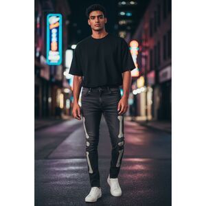MNML Skeleton Bone Print Skinny Jeans Black Streetwear Denim Size 33 Used